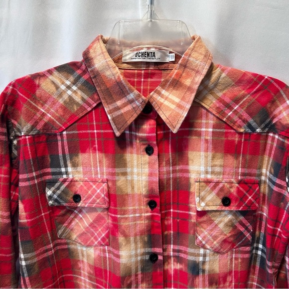 Upcycled Bleached Distressed Red Plaid Button Down Shirt Sz L - Picture 4 of 5